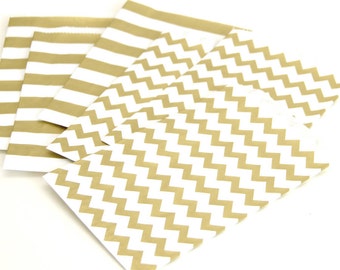 25 Medium Flat Metallic Gold Chevron Paper Favor Bags . 5" x 7.5"