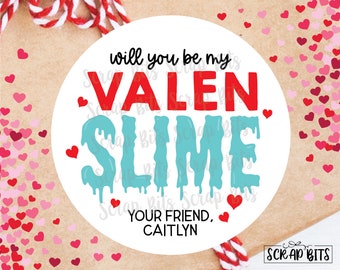 Valentine Slime Stickers, Will You Be My Valenslime Blue, Classroom Valentine Stickers, Personalized Valentine Gift Labels or Tags, 3 Sizes