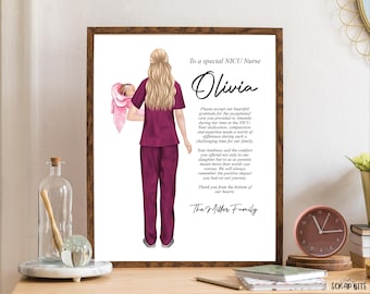 Retrato de enfermera de la UCIN (Unidad de Cuidados Intensivos Neonatales), ilustración personalizada, arte mural imprimible, descarga digital, regalo de agradecimiento personalizado para doula, partera, obstetra y ginecóloga.