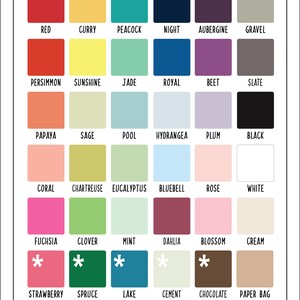 May include: A color chart from Scrap Bits featuring a variety of smooth carstock paper colors. The chart includes shades like red, curry, peacock, night, and aubergine. The text on the chart reads "Carstock Color Chart" and "Smooth".