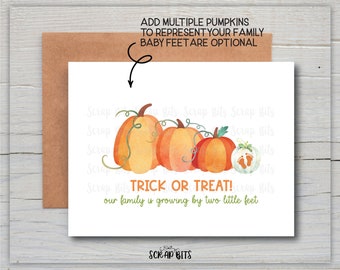 Halloween Baby Announcement Card, Fall Pregnancy Announcement, Watercolor Pumpkin Pregnancy Reveal Card, Trick Or Treat Family Is Growing