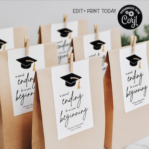 BEWERKBARE afstuderen gunst Tags, zoet einde van een nieuw begin, Grad Cap, Grad Party Decor, Dessert Party Tags, DIY afdrukbare sjabloon