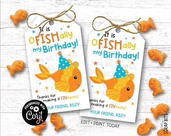 Printable Goldfish Birthday Favor Tags, O Fish Ally My Birthday, Personalized Kids Party Favors, Editable with Corjl