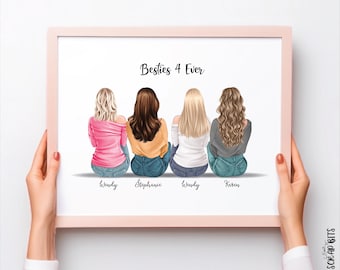 Beste Freunde Gruppe von 4 Portrait Print, individuelles Freundschaftsgeschenk für Besties, Schwestern, Mitbewohner, personalisierte druckbare digitale Download