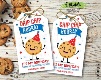 EDITABLE Birthday Cookie Tags, Chip Chip Hooray Birthday Tags, Red & Blue Chocolate Chip Cookie Birthday Tags, Printable Birthday Gift Tags