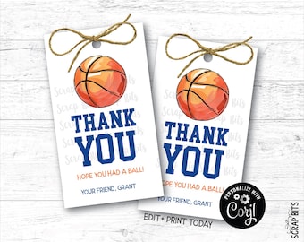 Druckbare Sport Geburtstag Tags, Aquarell Basketball Hope You hatte a Ball, Kinder Party Favor Tags, Leckerli Beutel Tags, bearbeitbar mit Corjl