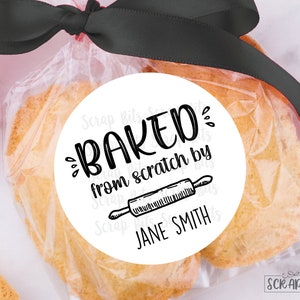 Baked From Scratch Stickers, Personalized Farmhouse Script Rolling Pin Baking Labels for Treats, Gifts, Favors, Custom Printed Kitchen Label