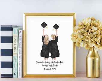 2 Best Friends Graduation Print, Female Best Friends Graduation Gift, Tossing Cap Full Gowns, Graduation Card . Digital Portrait Print