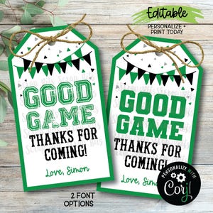 EDITIERBARE Sport-Geburtstags-Tags, gute Spiel-Tags, Danke für kommende Sport-Party-Favor-Tags, druckbare Sport-Geburtstagsgeschenkanhänger, grün und schwarz
