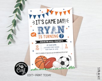 EDITABLE Sports Birthday Invitation, It's Game Day, Blue & Orange Sports Party Invitation, Printable Sports Invite, Soccer, Football