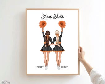 Cheer Besties Portrait Print, Custom Digital Drawing, Personalized Senior Gift for Her, Cheerleaders, Best Friends, Keepsake, High Poms