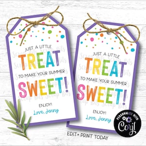 BEWERKBARE Tags zomerse snoepjes, laatste schooldag, afdrukbare tags voor goodiebaglabels, tags zomerfeest kinderen, waardering cadeaukaartjes