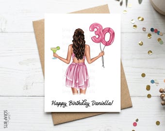 30th Birthday Card, Foil Number Balloons & Cocktail, Personalized Birthday Portrait Card for Girl, Friend, Sister