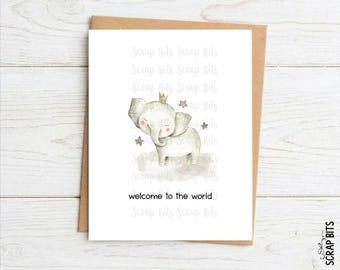Elephant Baby Shower Card, Welcome to the World, Personalized Congratulations Card