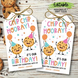 Etiquetas imprimibles para galletas de cumpleaños, etiquetas para snacks "Chip Chip Hooray", etiquetas para recuerdos de fiesta, etiquetas para bolsas de dulces de buena suerte, editables con Corjl