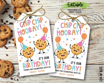 Printable Birthday Cookie Favor Tags, Chip Chip Hooray Snack Tags, Party Favor Labels, Good Luck Treat Bag Tags, Editable with Corjl