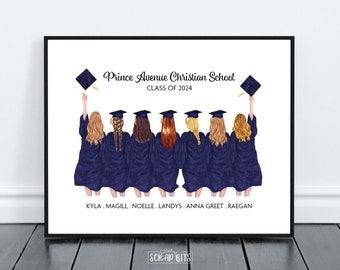 Retrato digital de graduación, grupo de 7 amigas lanzando birretes, ilustración personalizada para regalo de graduación, decoración para fiesta de graduación.