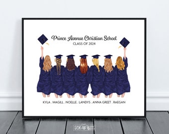 7 Female Best Friends Graduation Print, Graduation Gift for Group, Tossing Cap Full Gowns . Personalized Digital Portrait Print