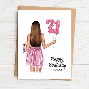 May include: A birthday card illustration of a person with long brown hair, wearing a pink dress, holding pink number 21 balloons and a bouquet of flowers. The card reads "Happy Birthday EMMA".