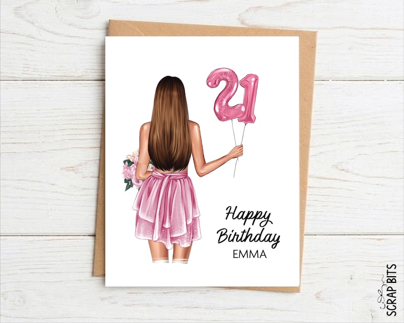 May include: A birthday card illustration of a person with long brown hair, wearing a pink dress, holding pink number 21 balloons and a bouquet of flowers. The card reads "Happy Birthday EMMA".