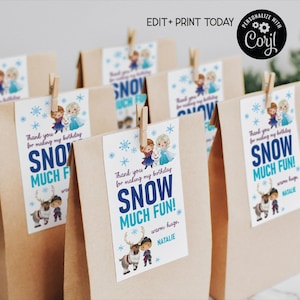 BEWERKBARE Frozen gunsttags, Frozen Friends verjaardagsfeestje Tags, etiketten voor gastgeschenken of traktatiezakjes, DIY afdrukbare