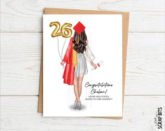 Tarjeta de graduación personalizada, globos de lámina dorada para mujer, tarjeta de felicitación con retrato