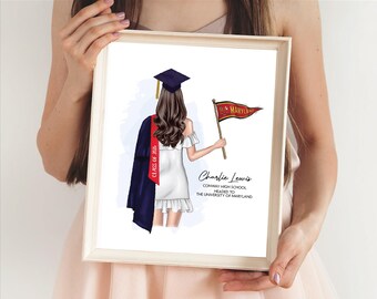 Female Graduation Digital Portrait, Half Body College Pennant Flag, Personalized Senior Gift Illustration Print, Custom Grad Party Decor