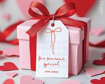 Coquette Valentine Gift Tags, For Someone Special Long Tail Doodle Bow, Personalized Custom Printed Labels for Treat Bags