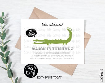 EDITABLE Alligator Invitation, Minimal Birthday Party Invitation, Alligator Invite, Digital Invitation, Editable Template