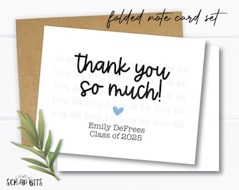 Personalized Graduation Thank You Cards, Folded Note Card Set, Playful Script Thank You So Much Note Cards, Graduation Stationery Set