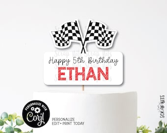 Adorno para pastel imprimible, banderas de carreras, decoración personalizada para fiesta de cumpleaños, temática de carreras, editable con Corjl