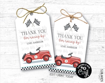 Printable Racing Birthday Favor Tags, Classic Red Race Car, Personalized Thank You Labels, Editable with Corjl