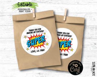 EDITABLE Super Hero Party Labels, Thanks For Making My Birthday Super, Printable Hero Birthday . Personalized Printable Sticker Template