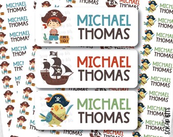 Pirate Ship Parrot Name Labels, Personalized Waterproof Kids Name Stickers for School, Daycare & Preschool, Custom Belonging Labels