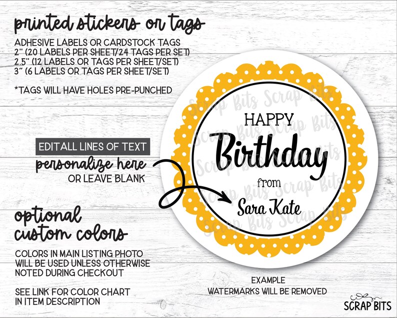 Happy Birthday Gift Giving Stickers, Poka Dot Scallop, Personalized Gift Tags, Custom Printed Labels for Goodie Bags or Presents image 4