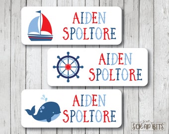Personalized Name Labels, Sailing + Whale, Red . School Labels, Daycare Labels, Book Labels, Belonging Labels . Waterproof or Matte