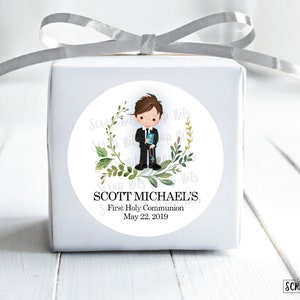 First Communion Stickers . Watercolor Greenery Boy Communion Stickers . Personalized Gift Labels or Tags . 3 Sizes