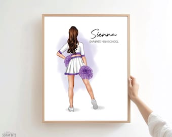 Cheerleader Portrait Print, Custom Digital Drawing, Personalized Senior Gift for Her, Daughter, Friend, Keepsake, Hip Poms