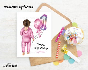 1st Birthday Card, Pajama Baby Girl. Personalized First Birthday Card, 1st, 2nd or 3rd Birthday Girl Card, Pajama Girl With Balloons