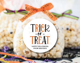 Gepersonaliseerde Halloween-snoepzakjeslabels, 'trick or treat'-stickers of -kaartjes, feestartikelen voor kinderen