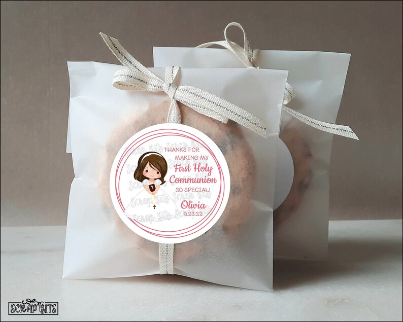 First Communion Labels & Bags, Communion Girl 3 Rings, Personalized Communion Stickers, Glassine Favor Bags, 3 Sizes image 1