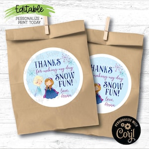 Etiquetas de cumpleaños de Frozen editables, pegatinas de fiesta de Frozen para imprimir, gracias por hacer que mi día sea divertido en la nieve, plantilla de pegatinas personalizadas para imprimir