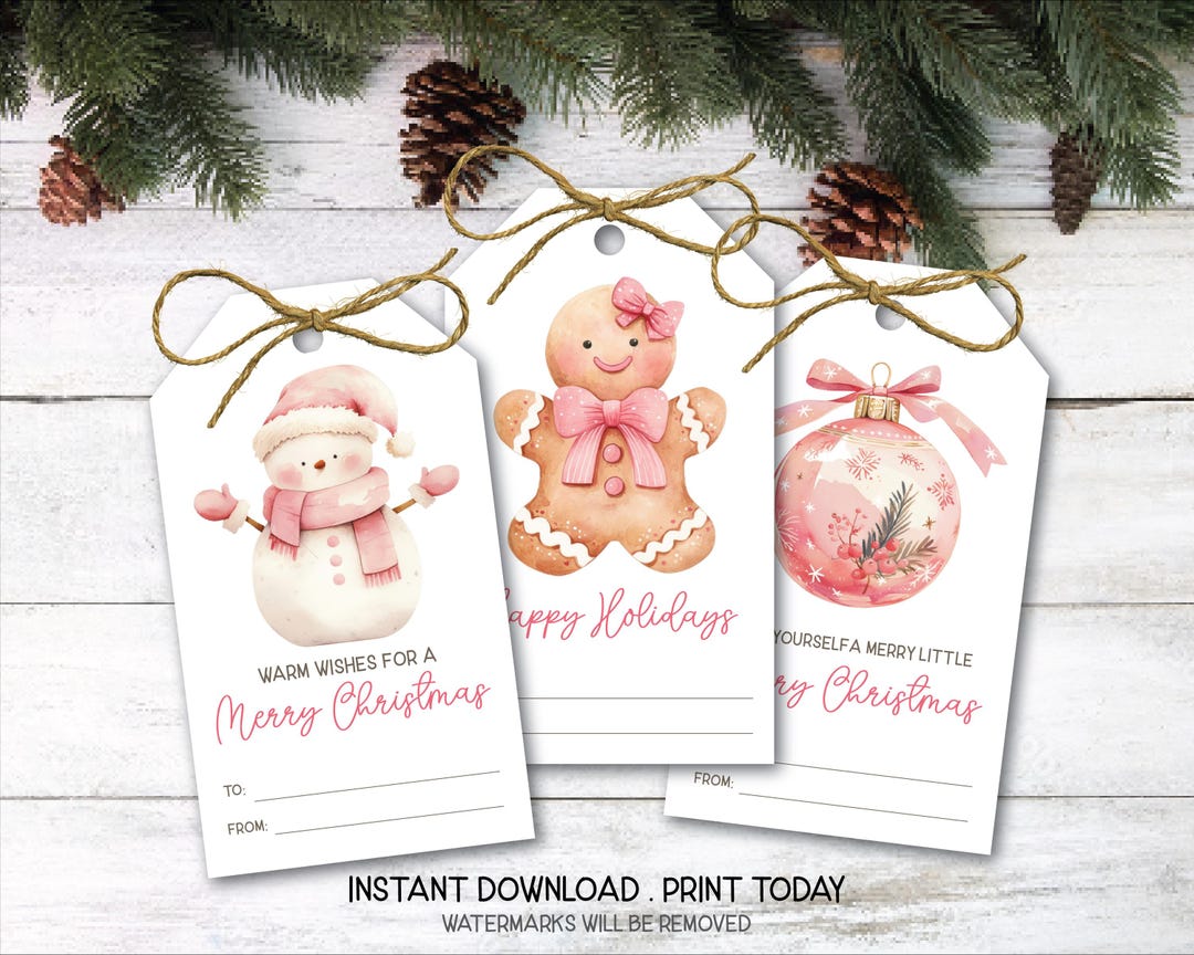 Pink Christmas Gift Tags, Snowman, Gingerbread Girl, Ornament ...