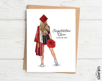 Cheerleader Graduation Card for Senior Night, Personalized Portrait Card, Congratulations Gift, Hip Pom