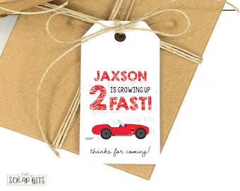 Racing Party Favor Tags . Growing Up 2 Fast Tags . Personalized Birthday Favor Tags . 2 x 3.5 inches . Qty 10