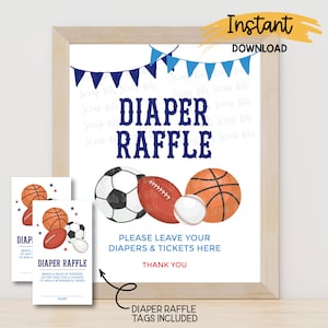 Sports Diaper Raffle Sign + Tickets, Printable Sports Baby Shower Sign . Instant Download