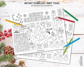 Christmas Activity Page for Kids, Printable Christmas Placemat, Coloring Sheet, Instant Download