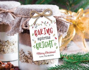 Christmas Baking Tags, Baking Spirits Bright String of Lights, Personalized Gift Labels for Holiday Baked Goods, Treat Bags