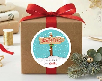 Christmas Gift Labels, North Pole Sign From Santa, Personalized Stickers or Tags for Kids Gift Wrap