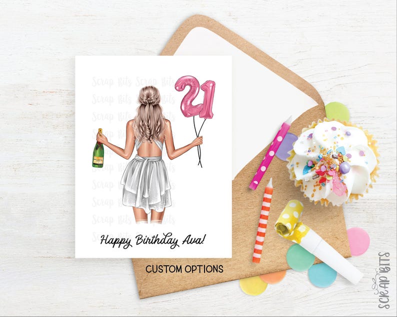 21st Birthday Card, Foil Number Balloons & Cocktail, Personalized Birthday Girl Card, Custom Milestone Card, A2 Size, Includes Envelope image 5